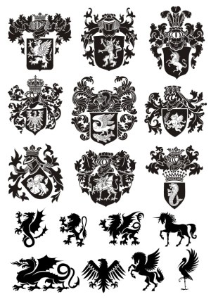 Set of Vintage Heraldic Crests and Mythical Creatures Silhouettes Free Vector