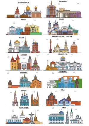 City Landmarks Illustrations from Various Russian Cities Free Vector
