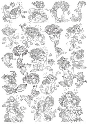 Hand-drawn Mermaids Line Art Collection with Sea Creatures Free Vector