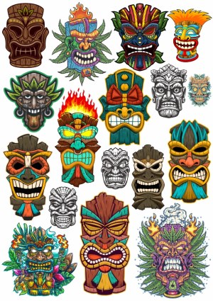 Set of Colorful and Monochrome Tiki Masks and Totems Vector Illustrations Free Vector