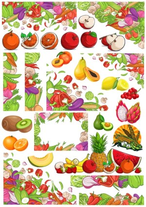 Colorful Vector Set of Fresh Fruits and Vegetables Borders and Elements Free Vector