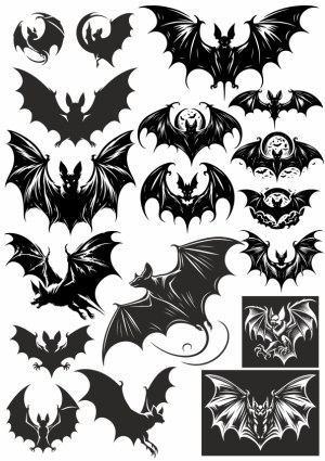 Collection of Black Silhouette Bat Vectors for Halloween or Gothic Design Free Vector
