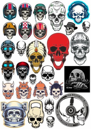 Collection of Various Skull Illustrations with Helmets and Headgear Free Vector