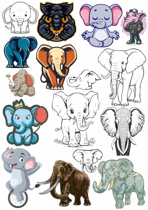 Collection of Diverse Elephant Illustrations and Cartoon Characters Free Vector