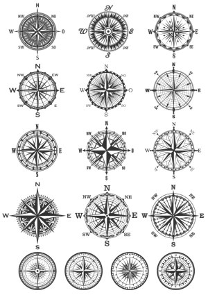 Set of 16 Black and White Compass Rose Vectors Free Vector