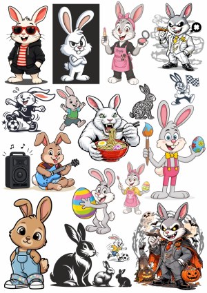 Collection of Cartoon Rabbit Characters in Various Styles and Activities Free Vector