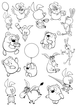 Black and White Cartoon Animals Coloring Line Art Free Vector