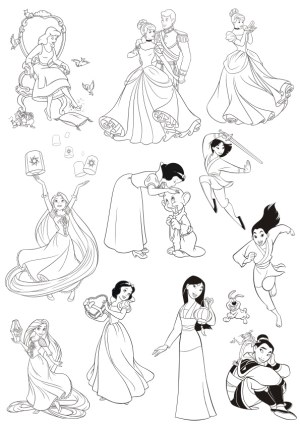 Black and White Vector Illustrations of Classic Animated Princesses and Characters Free Vector