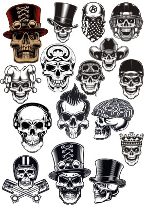 Collection of Skull Illustrations with Various Hats and Accessories Free Vector