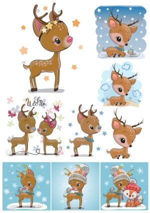 Cute Cartoon Baby Deer and Winter Scenes Vector Set Free Vector