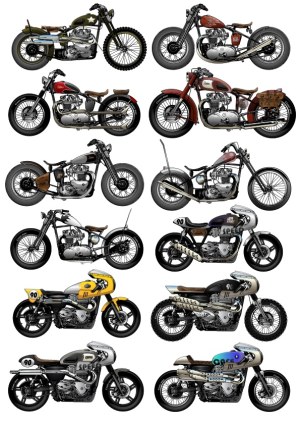 Set of 12 Detailed Vintage and Custom Motorcycles Vector Illustrations Free Vector