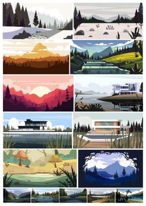 Set of Modern Vector Landscape Illustrations with Nature and Architecture Free Vector