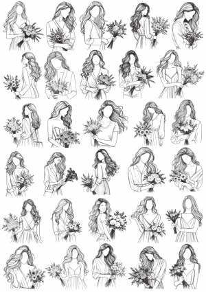 Collection of Faceless Women Holding Bouquets Line Art Free Vector