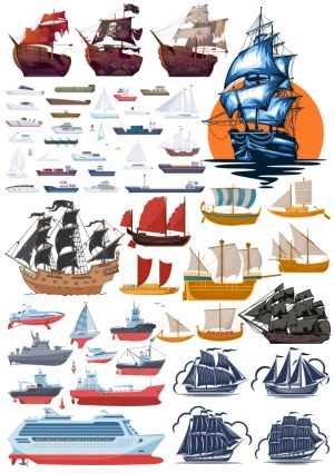 Variety of Ship and Boat Vector Illustrations Free Vector