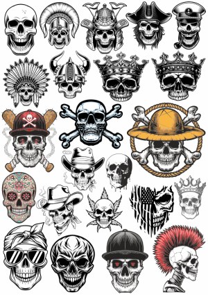 Vintage and Modern Skull Illustrations with Hats and Helmets Free Vector