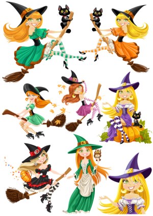 Collection of Cartoon Witches in Colorful Costumes with Magic Brooms and Black Cats Free Vector