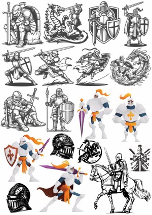 Knight and Medieval Warrior Vector Set with Dragons and Horse Free Vector