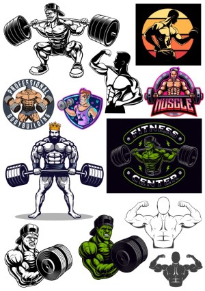 Set of Vector Illustrations of Muscular Men and Bodybuilding Fitness Logos Free Vector