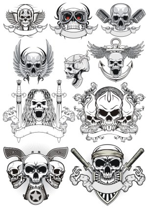 Collection of Gothic Skulls with Wings, Weapons, and Banners Free Vector