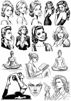 Black and White Illustrations of Women Showing Various Expressions and Yoga Poses Free Vector