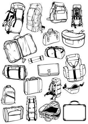 Black and White Line Art Collection of Various Bags and Backpacks Free Vector