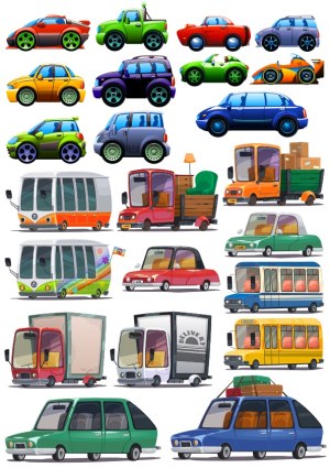 Cartoon Vector Collection of Various Cars, Trucks, and Buses Free Vector