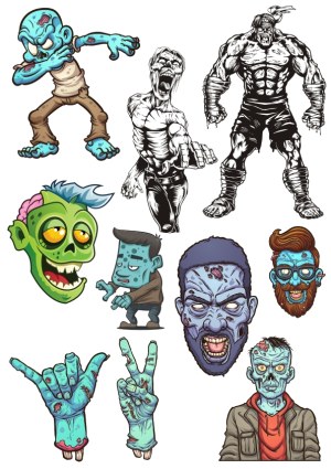 Colorful and Monochrome Zombie Characters and Hands Vector Set Free Vector