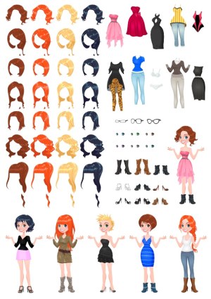 Women Character Creator Kit with Hairstyles, Outfits, Accessories, and Shoes Free Vector