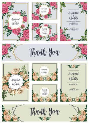 Floral Wedding Invitation and Save The Date Cards with Thank You Banners Free Vector