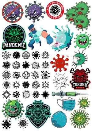 Coronavirus and Pandemic Themed Vector Set with Virus Characters, Masks, and Medical Icons Free Vector