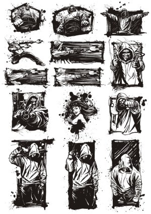 Grungy Urban Hooded Figures and Gun Illustrations Free Vector