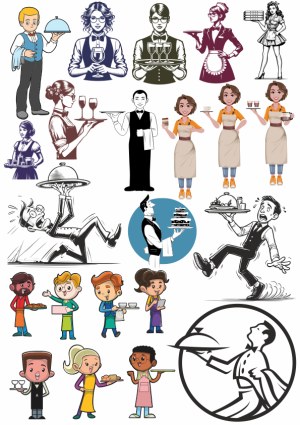 Set of Waiter and Waitress Vector Illustrations Free Vector