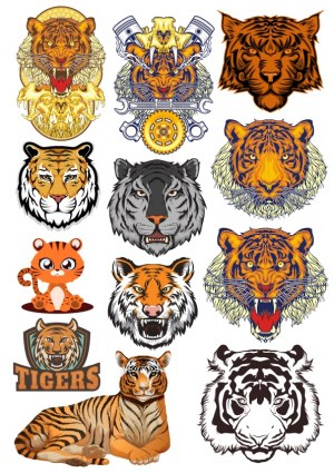 Tiger Heads and Full Body Vector Illustrations Collection Free Vector