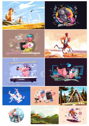 Diverse Vector Illustrations Compilation with Sports, Technology, Nature, and Leisure Themes Free Vector