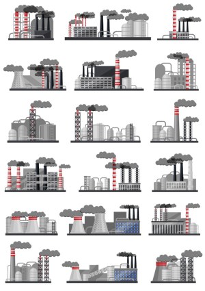 Set of Industrial Factory and Power Plant Vector Icons with Smoke Stacks Free Vector
