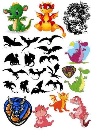 Collection of Cute, Cartoon, and Silhouette Dragon Vectors Free Vector