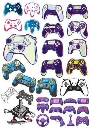Collection of Colorful Retro and Modern Video Game Controllers and Joysticks Free Vector