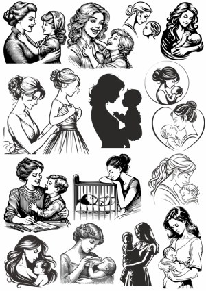 Black and White Vector Illustrations of Mothers with Children Free Vector