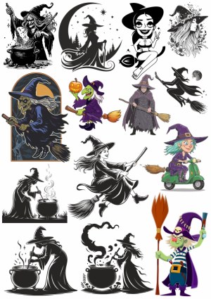 Halloween Witch Vector Collection with Broomsticks and Cauldrons Free Vector