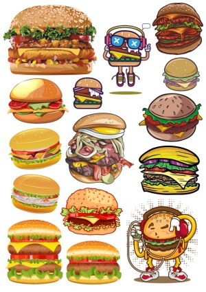 Collection of Colorful Hamburger and Burger Vector Illustrations Free Vector