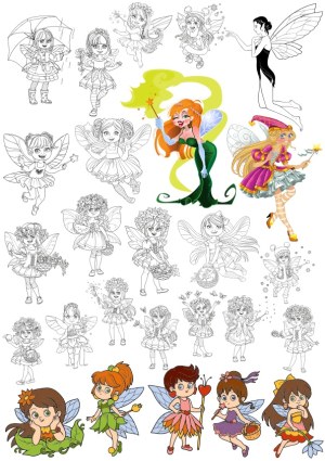 Collection of Cartoon Fairy and Elf Characters Line Art and Color Illustrations Free Vector
