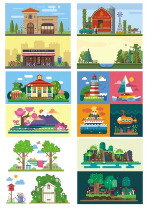 Vector Set of Various Landscapes and Buildings Including Restaurant, Farm, Cafe, House, Lighthouse, and Nature Scenes Free Vector