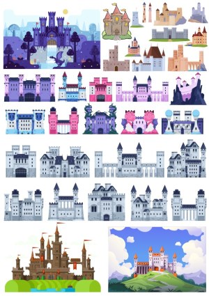 Collection of Stylized Castle and Fortress Vector Illustrations Free Vector
