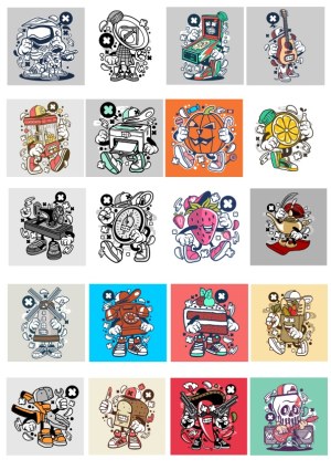 Set of 20 Cartoon Character Vectors with Various Objects and Food Free Vector