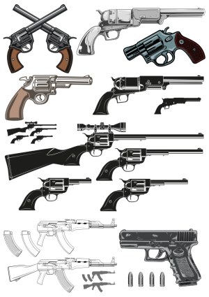 Collection of Various Revolvers, Rifles, and Handguns Vector Illustrations Free Vector