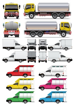 Vector Set of Delivery and Transport Trucks in Multiple Views Free Vector