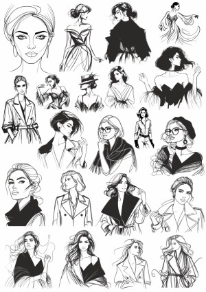 Hand-Drawn Fashion Portraits of Women in Elegant Outfits Free Vector