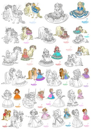 Princess and Horse Vector Line Art and Color Illustrations Collection Free Vector