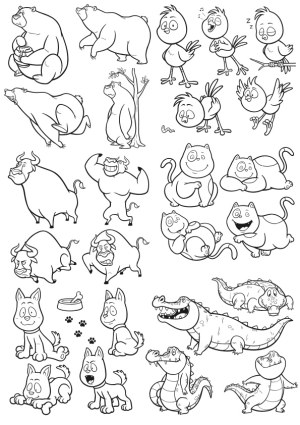 Black and White Animal Cartoon Characters Line Art Free Vector