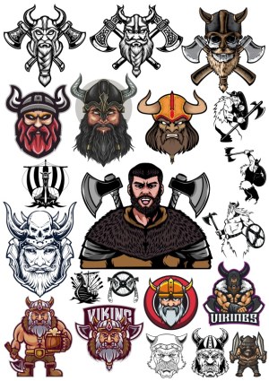 Set of Viking Warrior and Helmet Vector Illustrations Free Vector